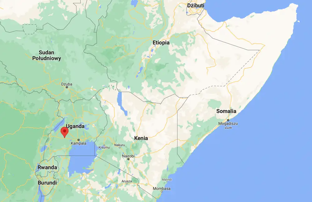 Mapa Uganda, pokazuje na mapie gdzie znajduje się kraj patrząc po rejonach świata